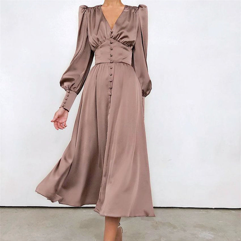 Sixsr Elegant spring satin bishop sleeve a-line dress women V-neck high waist button dress solid Vintage long dresses chic