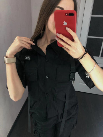 Sixsr Spring Womens Fashion Autumn Streetwear Pants High-Waist Straight Ribbon Cargo Pants Student Loose Short-Sleeved Shirt with Tie two-piece Set