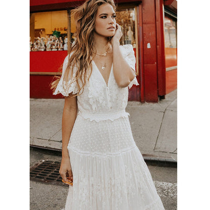 Sixsr Hollow Out White Dress Sexy Women Long Lace Dress Cross Semi-Sheer Plunge V-Neck Short Sleeve Lace Maxi Dress