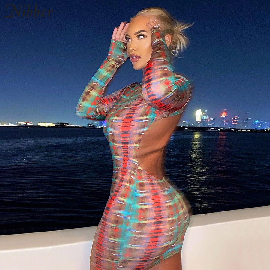 Sixsr Sexy Backless Serpentine Print Mini Bodycon Dress Women Fall Chic Package Hip Streetwear Female Casual Party Club Clothes