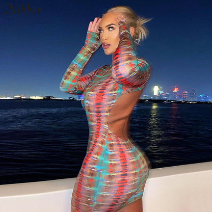Sixsr Sexy Backless Serpentine Print Mini Bodycon Dress Women Fall Chic Package Hip Streetwear Female Casual Party Club Clothes