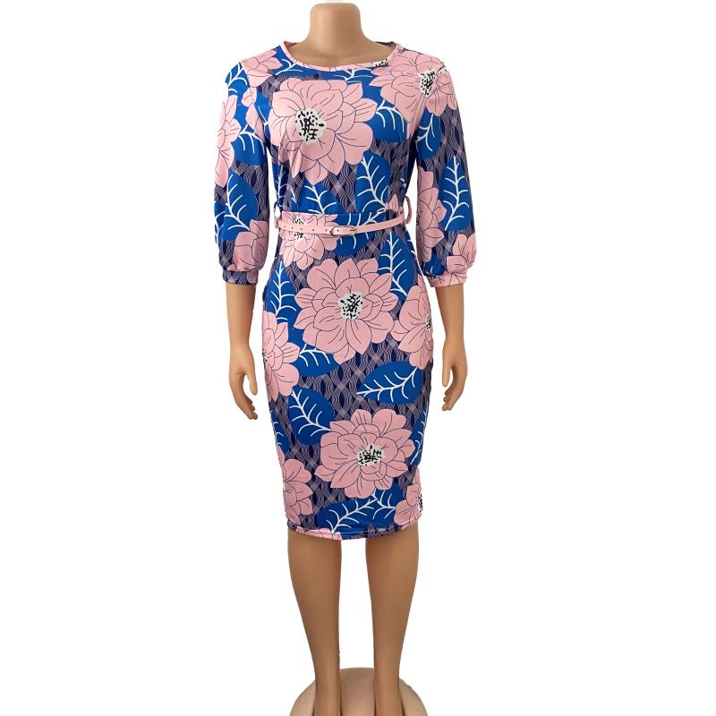 Sixsr Women Bodycon Printed Dress Three Quarter Sleeves Midi Office Ladies Work Wear Elegant Classy Vestidos African Female Plus Size