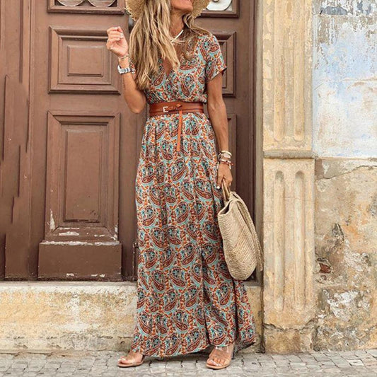 Fashion Boho Dress Long Dress Women Casual V Neck Short Sleeve Retro Print Belt Hem Beach Dresses Elegant Sundress Robe Femme