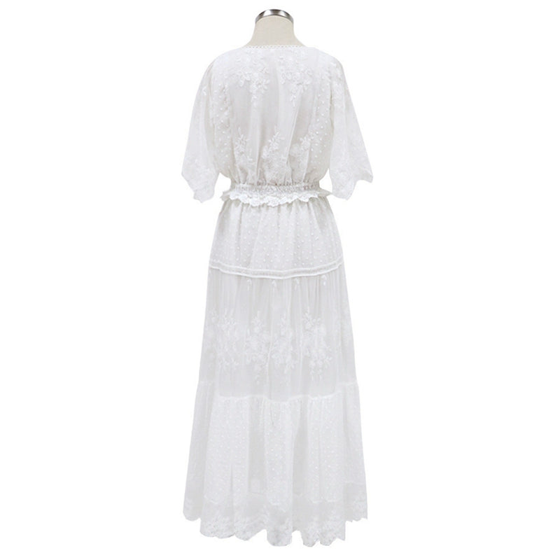 Sixsr Hollow Out White Dress Sexy Women Long Lace Dress Cross Semi-Sheer Plunge V-Neck Short Sleeve Lace Maxi Dress