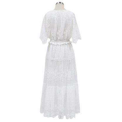 Sixsr Hollow Out White Dress Sexy Women Long Lace Dress Cross Semi-Sheer Plunge V-Neck Short Sleeve Lace Maxi Dress