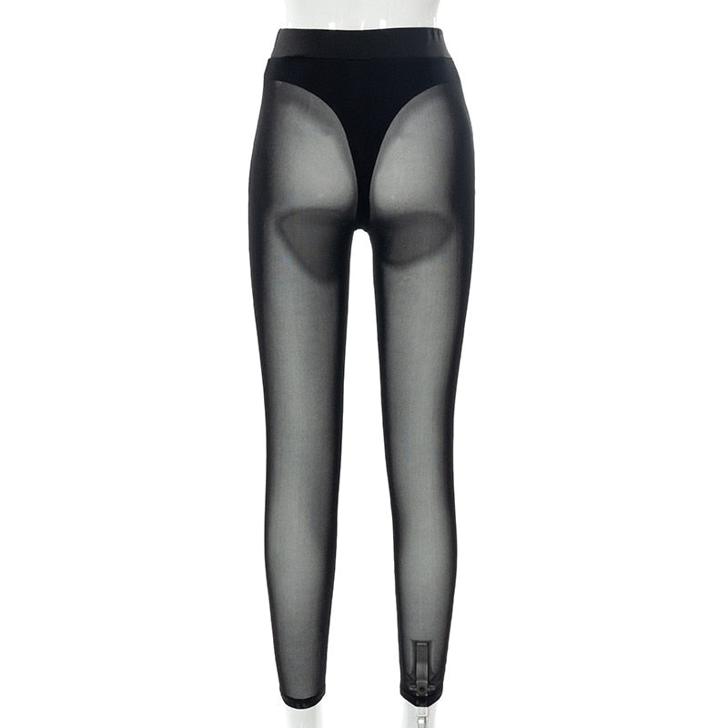 Sixsr New Sexy See-through Black High Waist Long Trousers Casual Sweatpants Women Autumn Elastic Pencil Pants Mesh Leggings