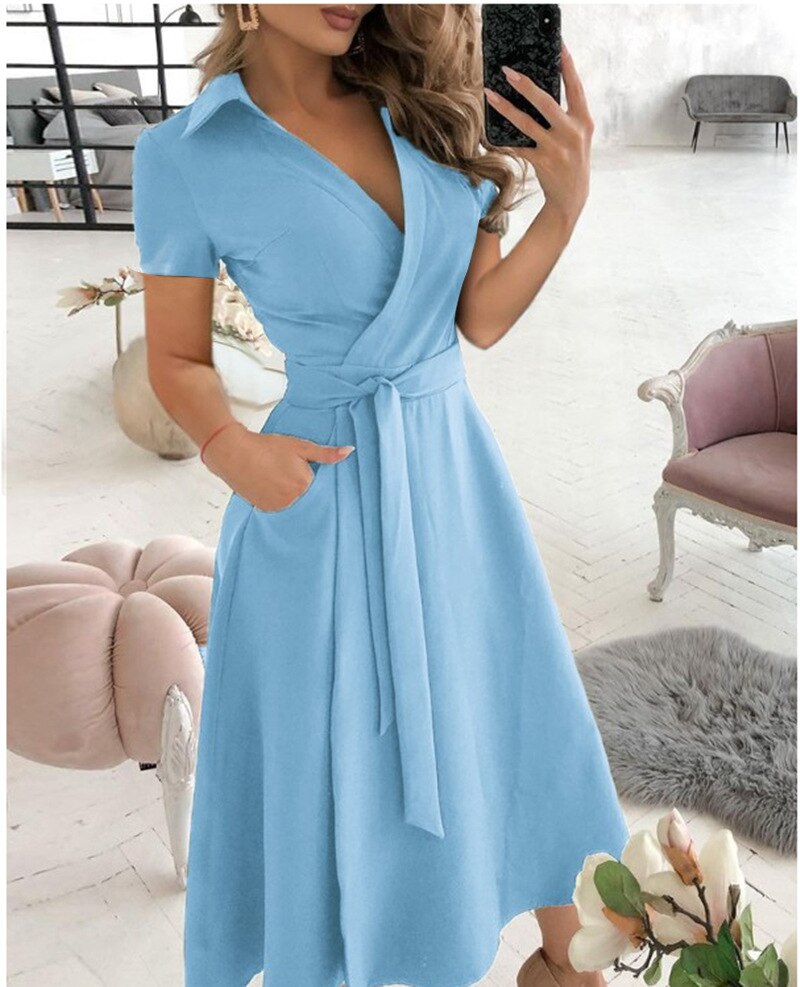 Sixsr Spring and Summer Fashion New Party Dress Short-sleeved V-neck Retro Dress with Printed Belt