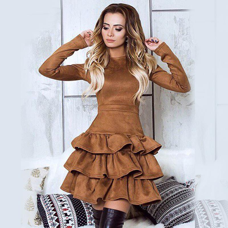 Sixsr BornToGirl Woman Vintage Dress Spring Autumn Winter Women's Long Sleeve Black Brown Sky Blue Suede Dress robe femme