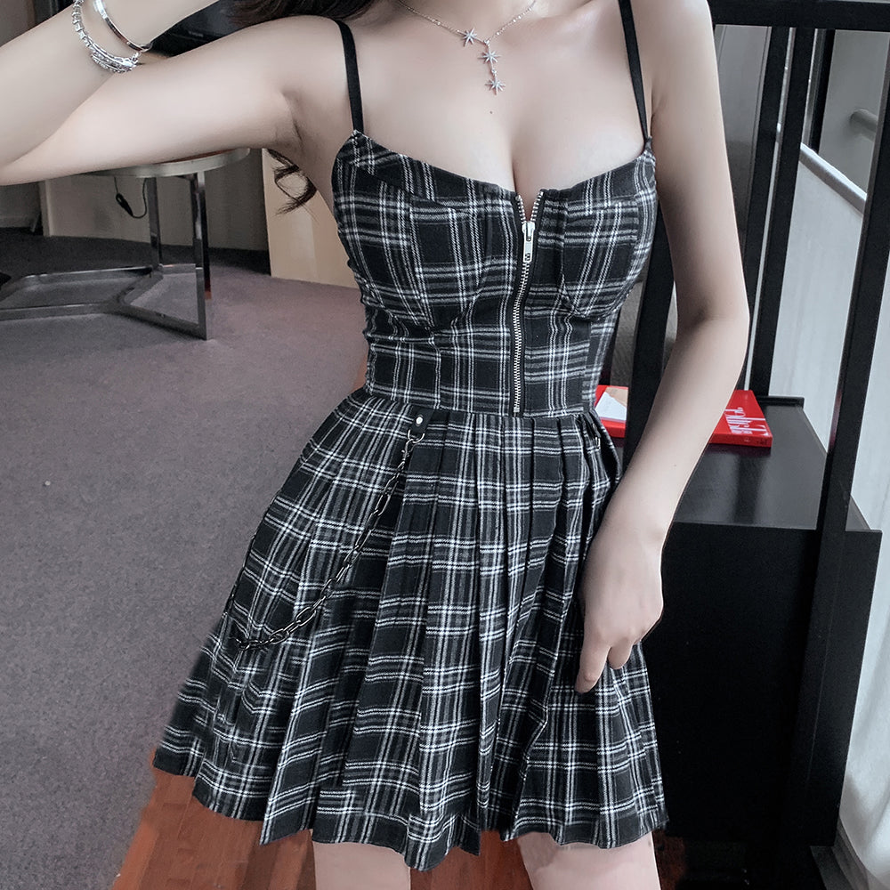 Sixsr Gothic Girls Plaid Pleated Punk Dress Preppy Style Red Black Spaghetti Strap Sexy Sleeveless Mini Short Dresses Goth Streetwear