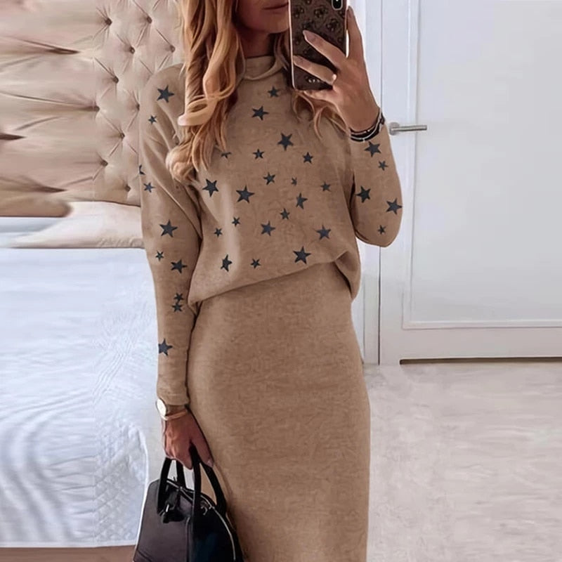 Sixsr Women Skirts 2 Piece Set Autumn Winter Elegant Stars Print Turtleneck Sweatshirts and Slim Skirt Suits Office Lady Outfits