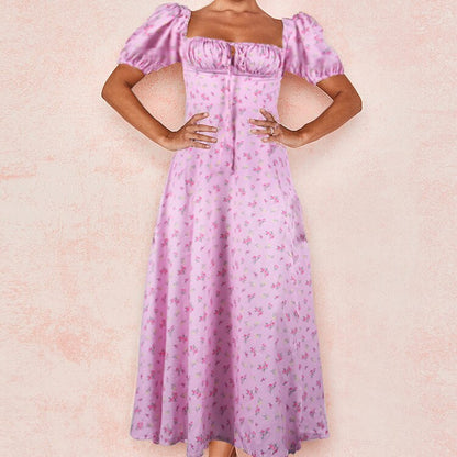 Sixsr Summer Women's Wear, Bohemian Style Bubble Sleeve Floral Split Long Dress, High Waist Sexy Party Elegant Bandage Dress