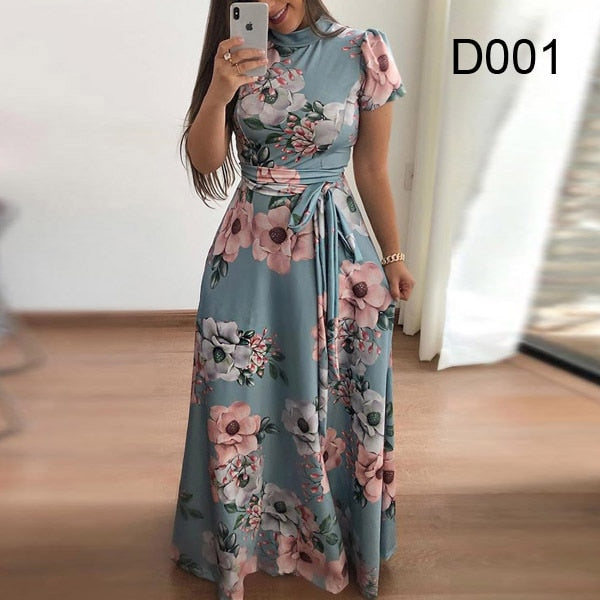 Flower Print Long Sleeve Maxi Dress Spring Autumn Casual Slim Sashes Long Dress Women Elegant Robe Party Dresses Plus Size S-5XL