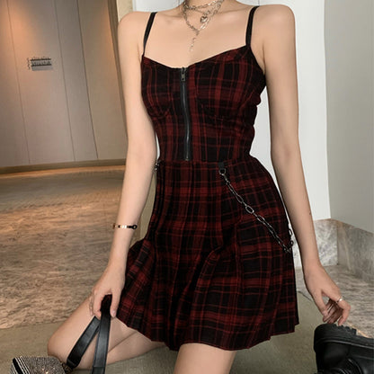 Sixsr Gothic Girls Plaid Pleated Punk Dress Preppy Style Red Black Spaghetti Strap Sexy Sleeveless Mini Short Dresses Goth Streetwear