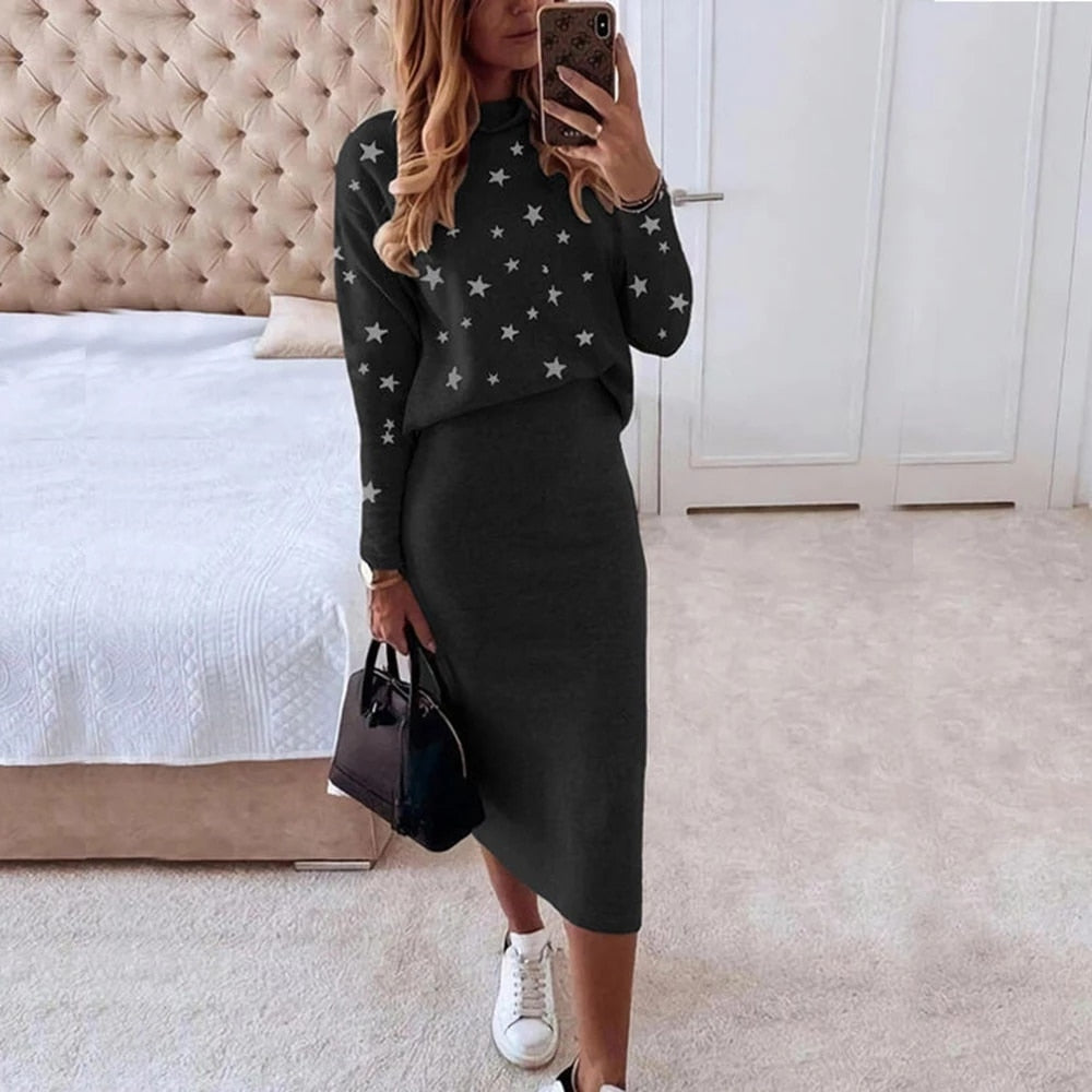 Sixsr Women Skirts 2 Piece Set Autumn Winter Elegant Stars Print Turtleneck Sweatshirts and Slim Skirt Suits Office Lady Outfits