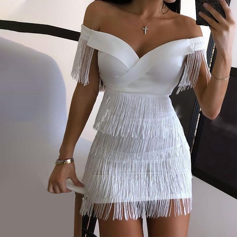 Sexy Sleeveless Bodycon Mini Dress Women White Off Shoulder Tassel Female Short Dresses Summer Party Club Bandage Vestidos