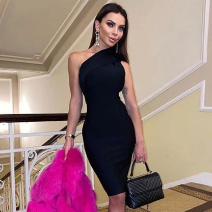 Sixsr New Summer Black One Shoulder Bandage Dress Women Sexy Sleeveless Bodycon Club Celebrity Evening Party Dress Vestidos