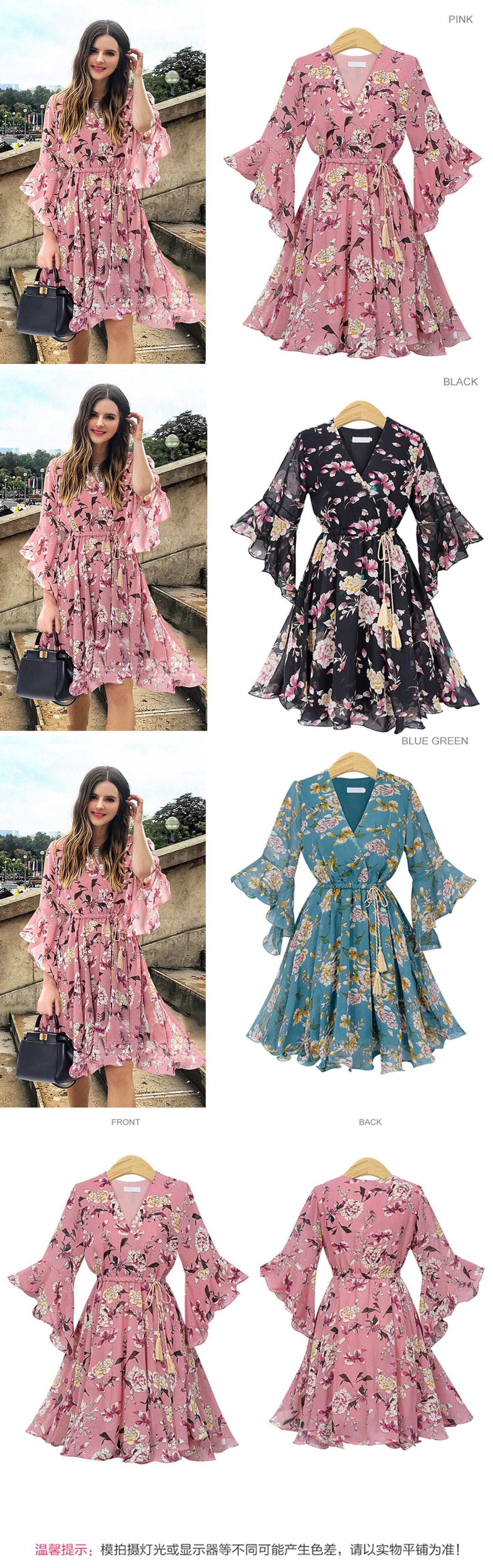 Sixsr Chiffon High Elastic Waist Party Dress Bow A-line Women Butterfly Sleeve Flower Print Floral Boho Dress Female Vestido Plus Size