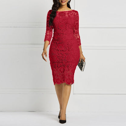 Sixsr Women Midi Dress Hot Sale Elegant Sexy OL Bodycon Floral Hollow Lace Female Fashion Evening Party Chic Sheath Ladies Dresses