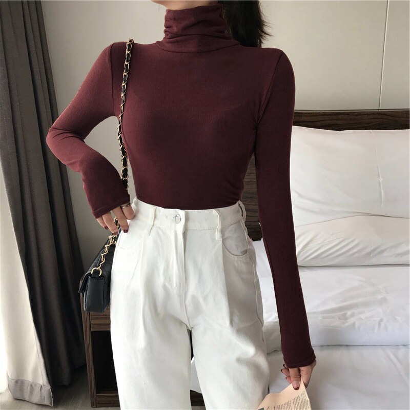 Sixsr harajuku Solid Bottoming t Shirt Women Spring Autumn Tee Shirts Korean Turtleneck Slim Long Sleeve Black White T-shirts 90s tops