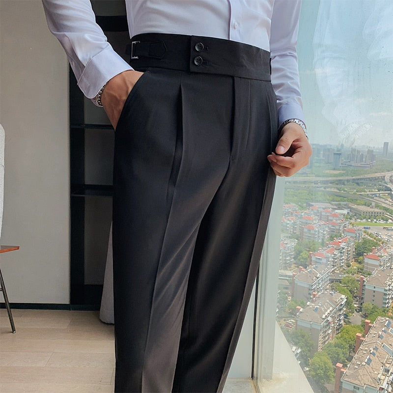 Sixsr New Design Men High Waist Trousers Solid England Business Casual Suit Pants Belt Straight Slim Fit Bottoms White Clothing