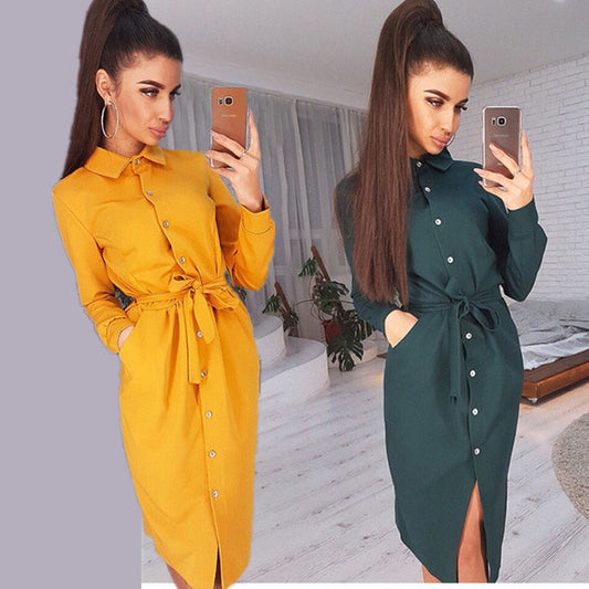 Lady Office Dress Autumn Long Sleeve Shirt Dress Fashion Turn-down Collar Single-breasted Party Dresses Платье Casual Vestido