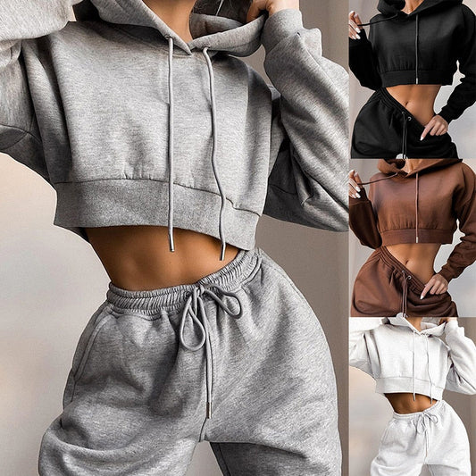 Sixsr Tracksuit Women Two Piece Set Spring Clothes Solid Hooded Fleece Sweatshirt Crop Top and Pants Sport Jogging Suit Female Outfits