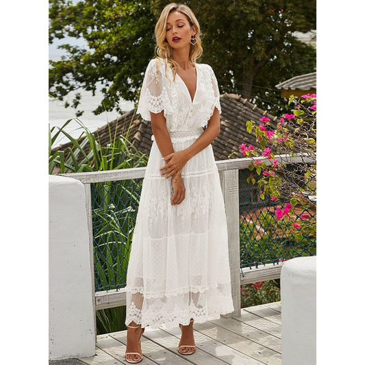 Sixsr Hollow Out White Dress Sexy Women Long Lace Dress Cross Semi-Sheer Plunge V-Neck Short Sleeve Lace Maxi Dress