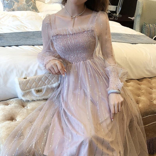 sixsr Long Fairy Dress Elegant Sequins Women Long Sleeve Maxi Dresses Summer One-piece Designer Korean Lady Wedding Party Clothing New