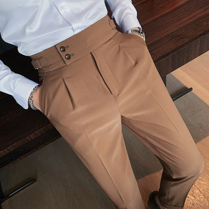 Sixsr New Design Men High Waist Trousers Solid England Business Casual Suit Pants Belt Straight Slim Fit Bottoms White Clothing