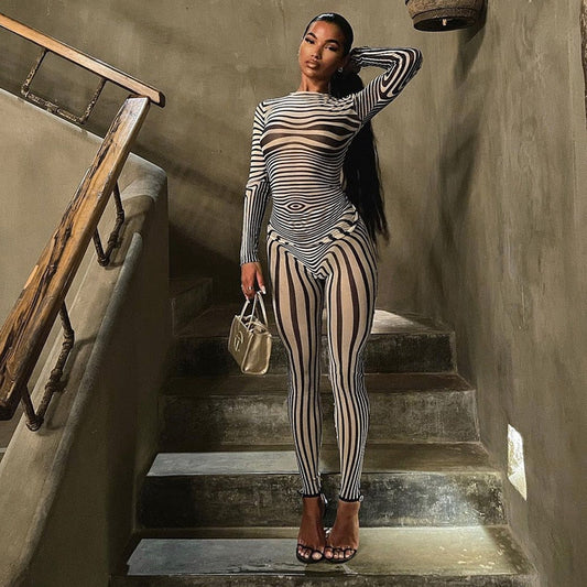 Autumn Mesh Zebra Striped Sets Women 2 Piece Suit T-shirt + Long Pants See-through Sexy Co-ord Set Female Tracksuit Costume