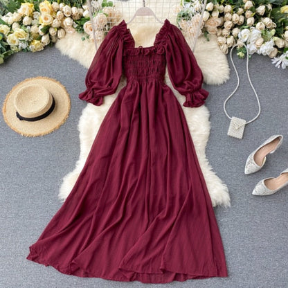 Sixsr Summer Beach Chiffon Long Dress Elegant Solid Lantern Sleeve High Waist Women Maxi Dress Party Club Ladies Vestidos New
