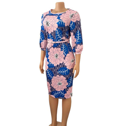 Sixsr Women Bodycon Printed Dress Three Quarter Sleeves Midi Office Ladies Work Wear Elegant Classy Vestidos African Female Plus Size
