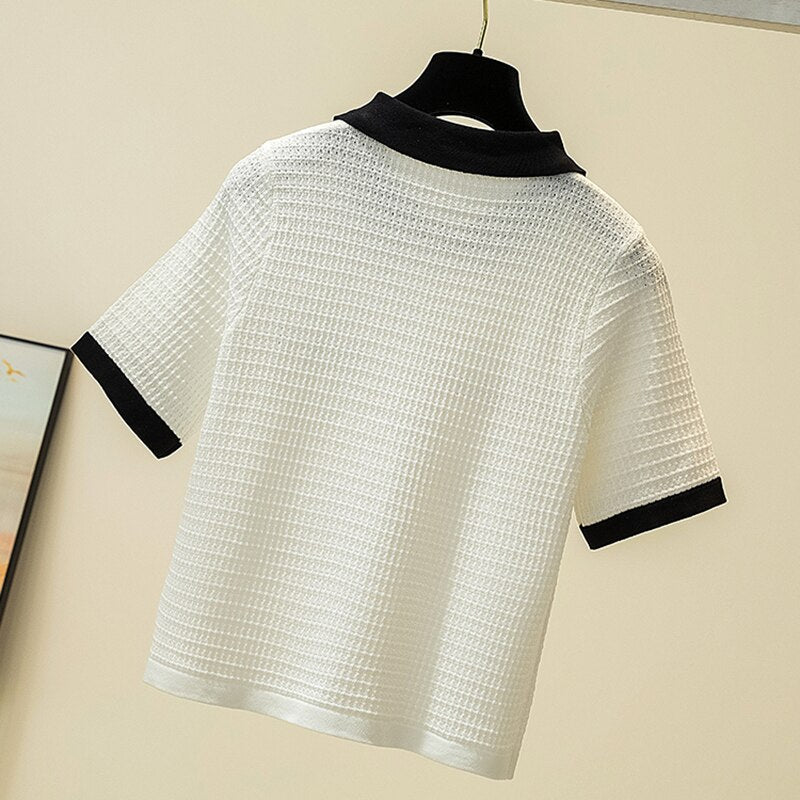 Thin Knitted T Shirt Women Button Cardigan Womens Tops Korean Clothes Summer Short Sleeve Turn-Down Collar Tee Shirt Femme