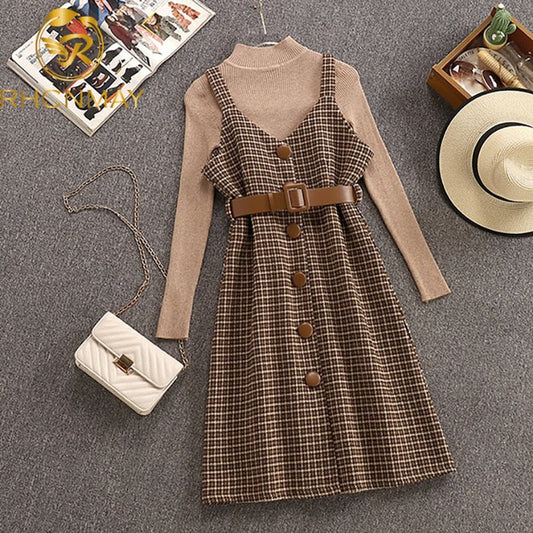 Sixsr Commuter style sweater dress sweater suit women autumn and winter new retro woolen plaid strap jumpsuit