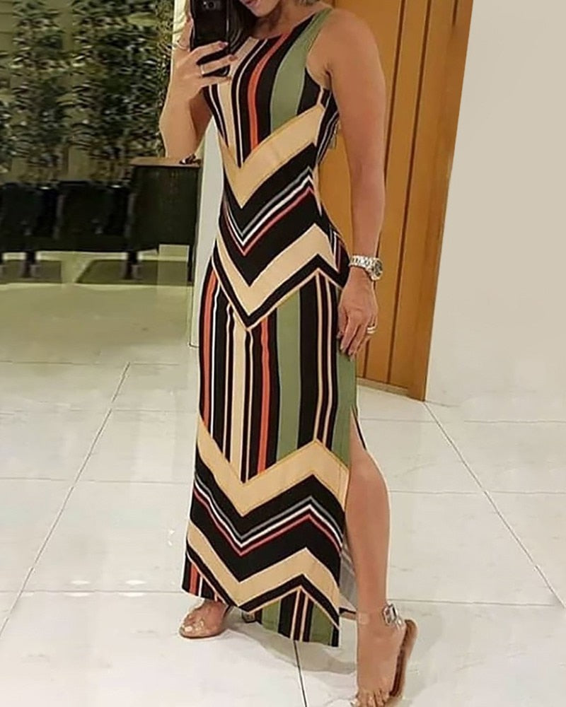 Sixsr Colorful Striped Print Side Slit Maxi Dress Women Colorblock Sleeveless Slim Long Dresses