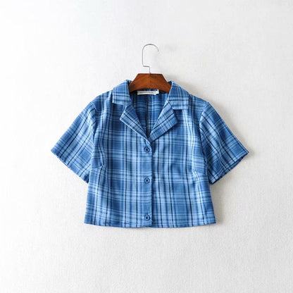 Summer blouse women vintage crop shirt streetwear plaid ladies tops elegant button up shirt korean crop top red