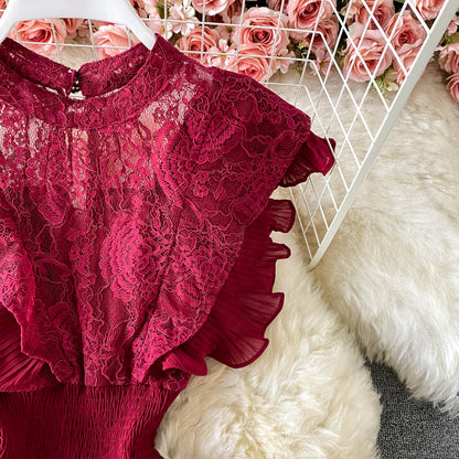 Sixsr Vintage Purple/Green/Red Lace Midi Dress Women Sweet Round Neck Ruffle Vestidos Female High Waist Slim Robe Spring Autumn
