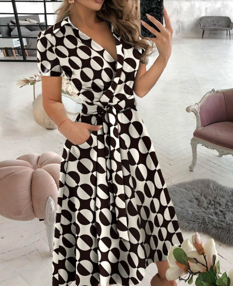 Sixsr Spring and Summer Fashion New Party Dress Short-sleeved V-neck Retro Dress with Printed Belt