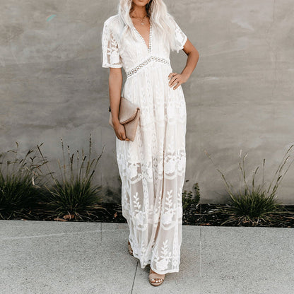 sixsr Summer Boho Women Maxi Dress Loose Embroidery White Lace long Tunic Beach Dress Vacation Holiday Women Clothing