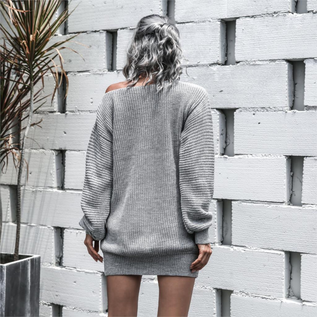 Sixsr The hottest ladies casual off-shoulder lantern sleeve knitted sweater dress
