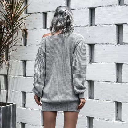 Sixsr The hottest ladies casual off-shoulder lantern sleeve knitted sweater dress
