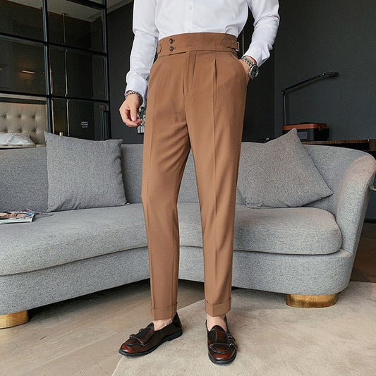 Sixsr New Design Men High Waist Trousers Solid England Business Casual Suit Pants Belt Straight Slim Fit Bottoms White Clothing
