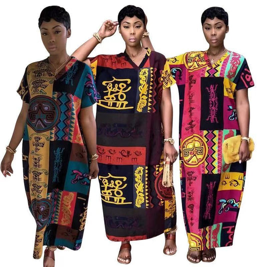 Sixsr New Design  Vintage Pattern Short Sleeve Kaftan Women Maxi Dress Africa Clothing