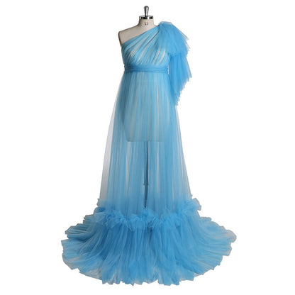 sixsr Elegant One Shoulder Tulle Maternity Dresses See Through Sexy Women Plus Size Tulle Maternity Dressing Gowns For Photography