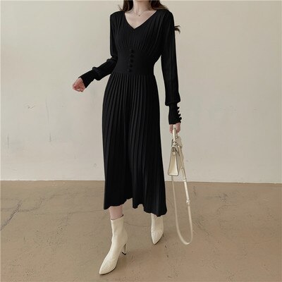 Sixsr Gifts for women winter night out outfit Elegant Chic Pleated Sweater Dress Women's Slim French Femme Vestido Spring Autumn Winter Fashion Single-Breasted