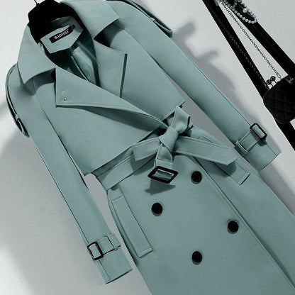 Sixsr Women Trench Coat Solid Double Breasted Trench Autumn Winter Elegant Vintage Turn-down Collar Warm Windproof Trench with Belt