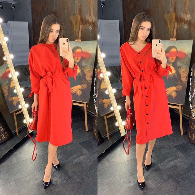 Sexy v Neck Autumn Long Sleeve Women Dress Ladies Sashes Button Casual Office Dress New Fashion Women Midi Dress Vintage