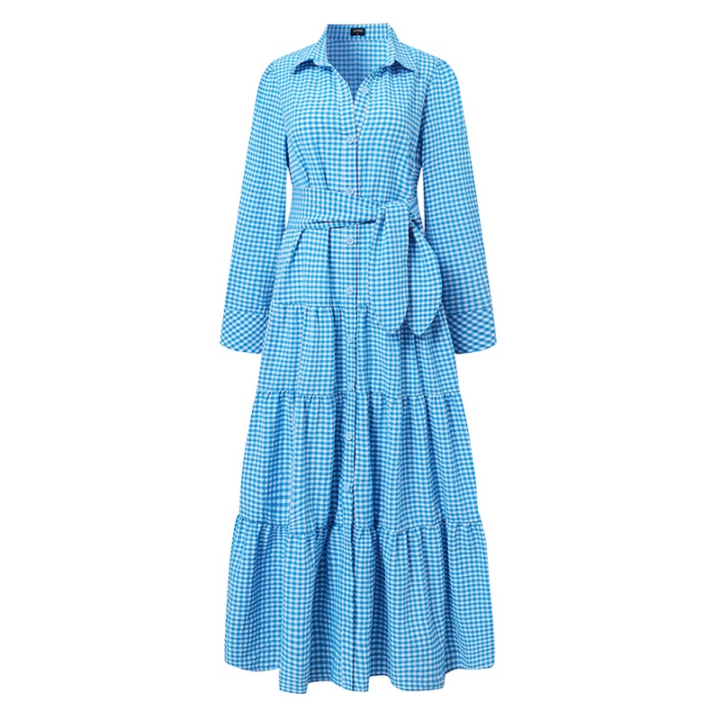 Sixsr Spring Shirt Dress Women Long Sleeve Party Dresses Casual Lapel Button Vintage Belted Pockets Sundress Plaid Printed Robes