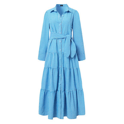 Sixsr Spring Shirt Dress Women Long Sleeve Party Dresses Casual Lapel Button Vintage Belted Pockets Sundress Plaid Printed Robes