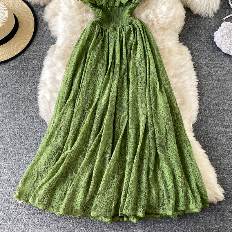 Sixsr Vintage Purple/Green/Red Lace Midi Dress Women Sweet Round Neck Ruffle Vestidos Female High Waist Slim Robe Spring Autumn